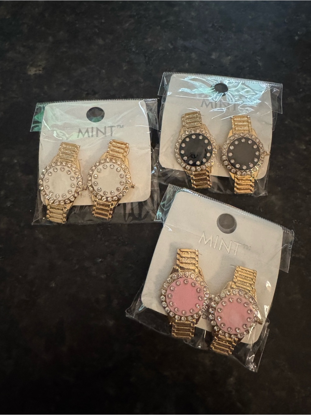 Mint Gold-Tone Crystal Watch Face Earrings — Pink, White & Black